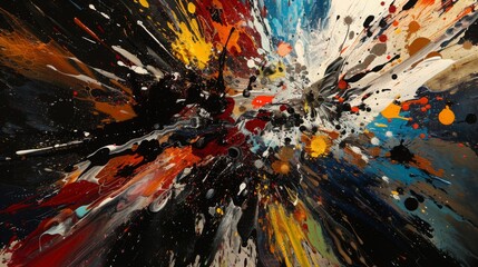 A vibrant abstract painting showcasing a dynamic explosion of multicolored splashes against a dark...