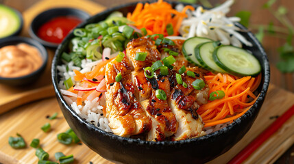 Bowl with tasty rice chicken and vegetables on wooden