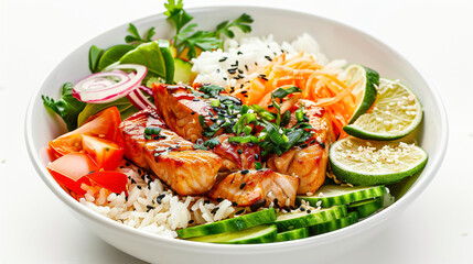 Bowl with tasty rice fish and vegetables on white background