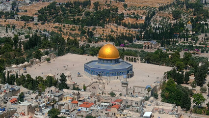 Drone and unique shot from Jerusalem in summer of 2022, golden domw of the rock, israel