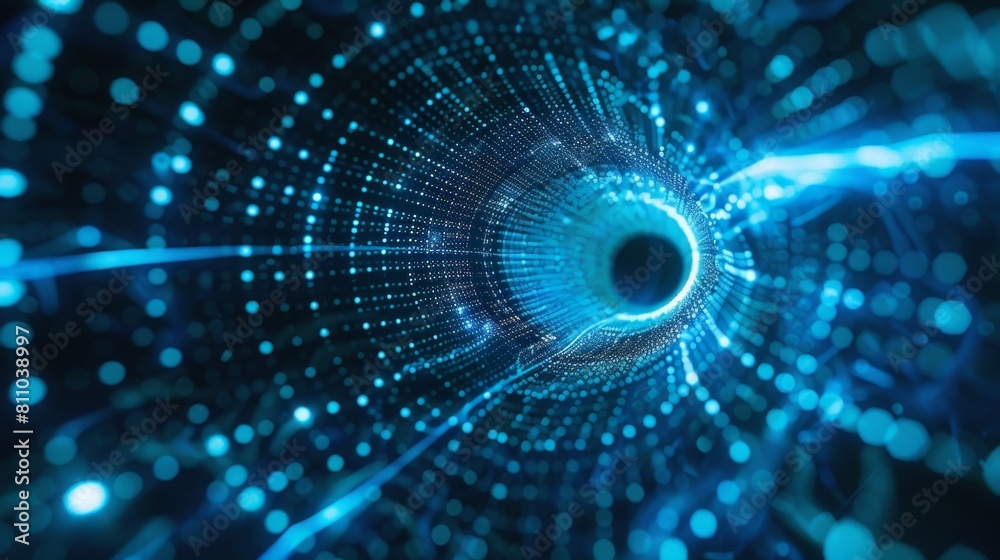 Poster Future-tech speed tunnel. Sci-fi modern wormhole. Abstract wireframe portal with data flow. Technology grid funnel.