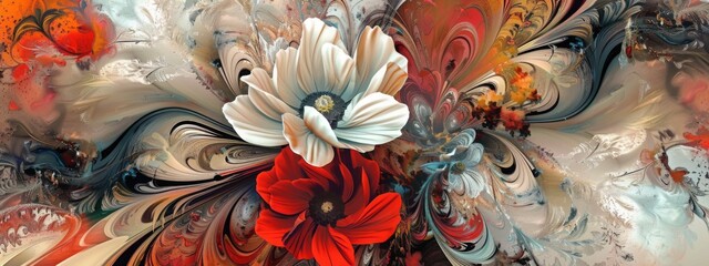 A digital art piece featuring stylized red and white flowers amidst intricate swirls of vibrant...