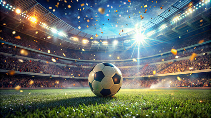 Close up of a soccer ball in the center of the stadium  with flying confetti