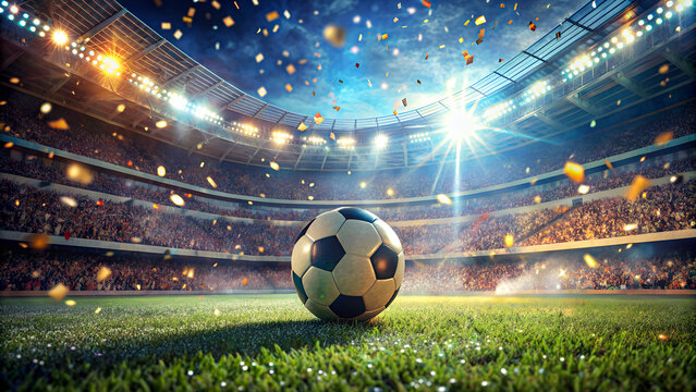 Fototapeta Close up of a soccer ball in the center of the stadium  with flying confetti