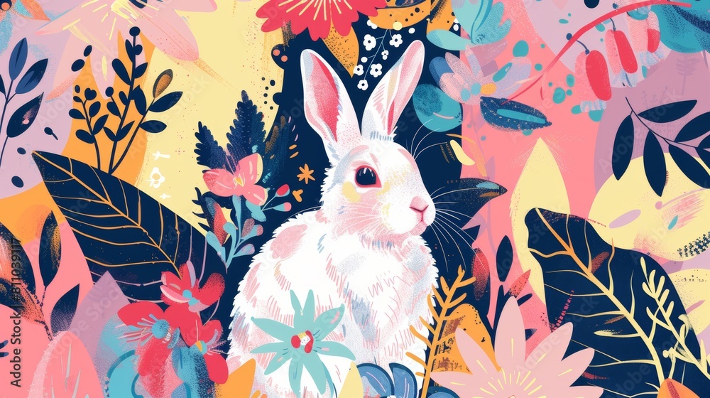 Aufkleber spring-themed modern illustrations featuring abstract rabbits and flowers in naive art style.