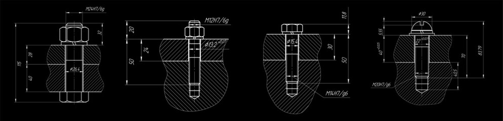 Vector engineering cad drawing of mechanical part (steel bolt)
with thread. Computer design of machine parts
with through hole, bolted connection 
and dimension lines. Technical background.