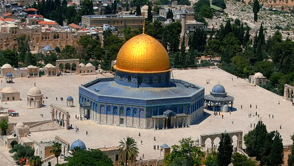 Naklejka premium Drone and unique shot from Jerusalem in summer of 2022, golden domw of the rock, israel