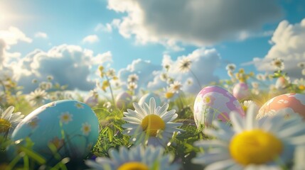 A rainbow of colorful eggs and daisies fluttering in the wind on an Easter morning meadow. 3D rendering.