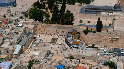 Aerial view over western wall plaza, old city

Drone view  over the Kotel holly place for jewish people, June,2022
