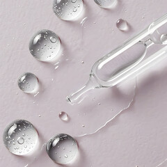 Face serum dropper with a few drops around, closeup
