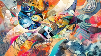 A digital collage of colorful shapes and patterns layered upon each other, creating a visually dynamic and textured composition. 