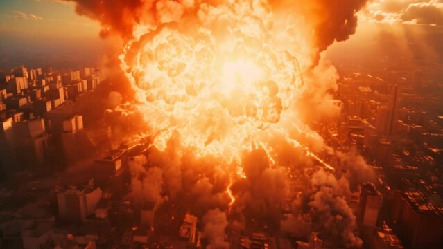 nuclear huge explosion in the city, aerial view. slow motion. 