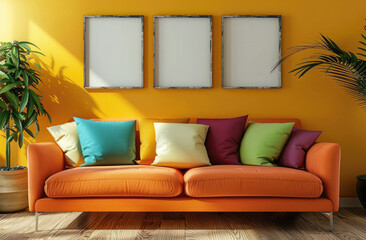 Beige walls with colorful posters and framed photographs in the style of retro interior of a modern living room with an orange sofa