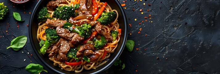 Fresh Beef and broccoli noodle stir fry with hoisin sauce, realistic food banner, top view with copy space