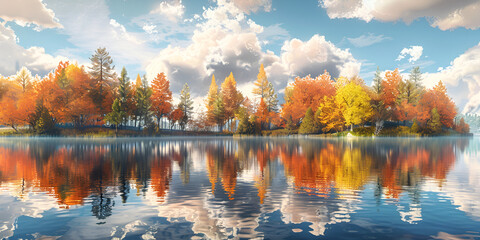 Serene lakeside scene during autumn with vibrant foliage reflecting on the calm water,
