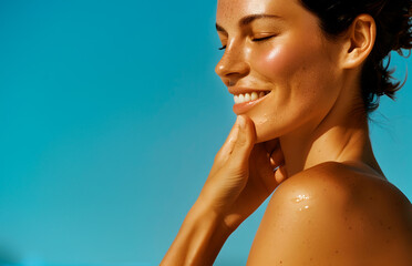 Smiling woman is having sunbath, open skin