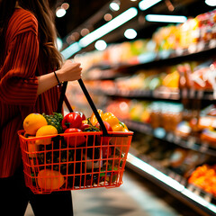 A woman in a grocery store is holding shopping basket and lookind at some products, blurred background