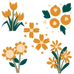 orange abstract flower and pastel yellow Graphic elements Isolated flowers on a white background