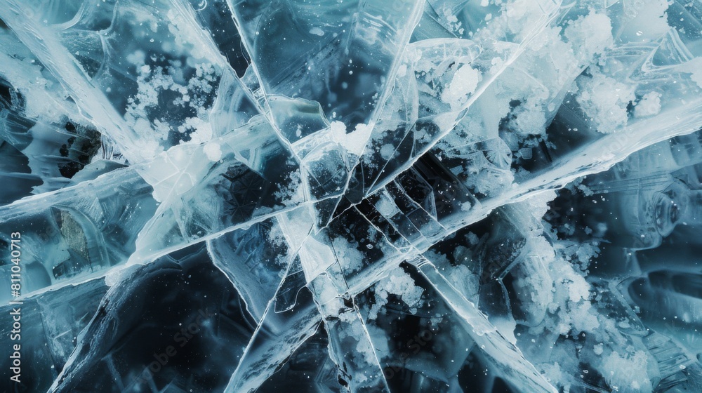 Poster Close-up view of the complex natural designs of cracks and bubbles in the ice of a winter lake.