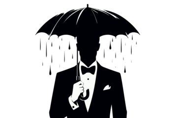 A man in a tuxedo holds a rain umbrella has no face visible, just the silhouette, The illustration is in the style of a vector illustration , png file