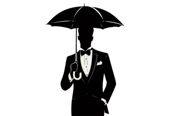 A man in a tuxedo holds a rain umbrella has no face visible, just the silhouette, The illustration is in the style of a vector illustration , png file