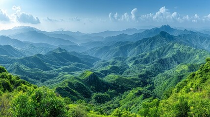 Obraz premium mountain retreat, ideal spot for nature lovers: verdant mountains under clear blue skies make a picturesque summer escape