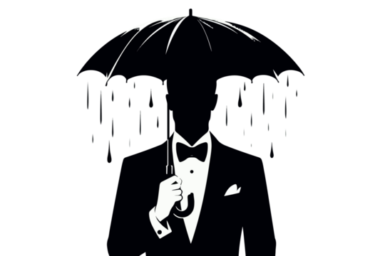 A man in a tuxedo holds a rain umbrella has no face visible, just the silhouette, The illustration is in the style of a vector illustration , png file