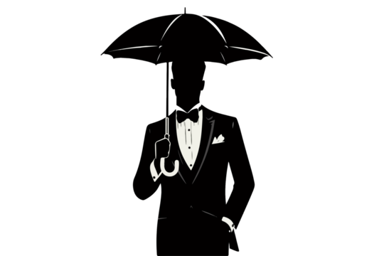 A man in a tuxedo holds a rain umbrella has no face visible, just the silhouette, The illustration is in the style of a vector illustration , png file