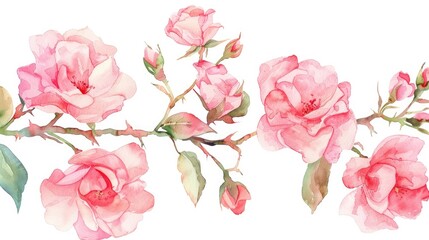 Fototapeta premium Watercolor floral set featuring a hand painted bouquet of pink roses ideal for textile designs greeting cards and more This abstract branch of flowers is beautifully isolated on a white bac