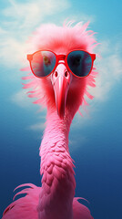 Pink flamingo wearing sunglasses, blue sky background, funny art style. Poster, cover, wallpaper 
