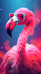 A pink flamingo wearing sunglasses, in the style of vibrant digital art, colorful background with sparks. Poster, cover, wallpaper 