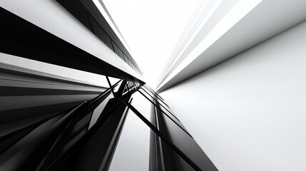 A minimalist design of intersecting lines and shapes in shades of black and white. 