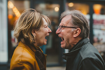 Senior couple arguing and shouting at each other.