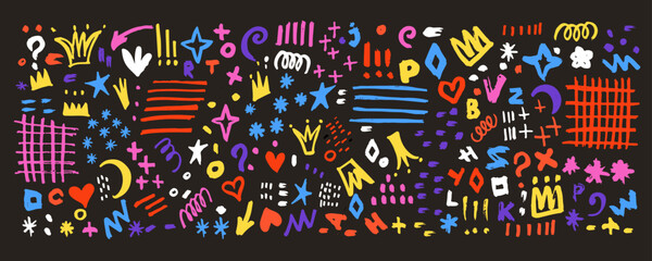 Doodle cute glitter pen line elements. Doodle heart, crown, arrow, star, sparkle decoration symbol set icon. Simple sketch line style emphasis, attention, pattern elements. Vector illustration.