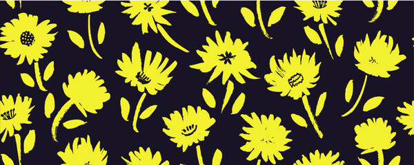 Spring yellow flowers hand drawn vector seamless pattern. Brush flower silhouettes. Roses, peonies and tulips yellow silhouettes. Floral drawings with texture. Summer botanical background