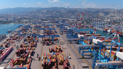 Busy Haifa port cranes containers, aerial view
Drone view over cranes and cargo containers, Haifa,Israel,July,27,2022
