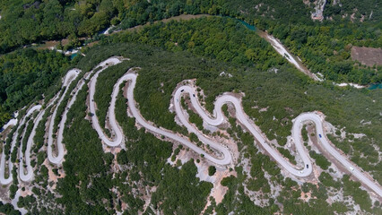 Vikos Gorge road near Voidomatis River, drone,2022
Drone view of road with many zigzag in the Epirus from Greece, 2022
