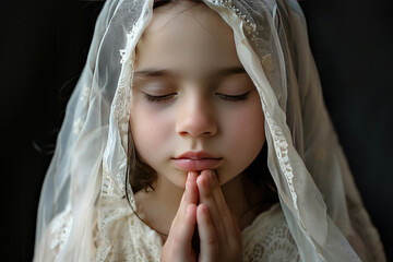 Young girl in her holy communion outfit with white veil, praying. - obrazy, fototapety, plakaty