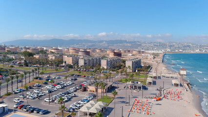 Haifa city with Ammonia and fuel tanks, Aerial
Drone view from Haifa,Israel,July,27,2022

