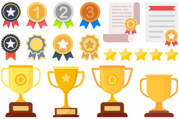 Trophy cup, badge, certificate and award icon collection in a flat design isolated on white background.