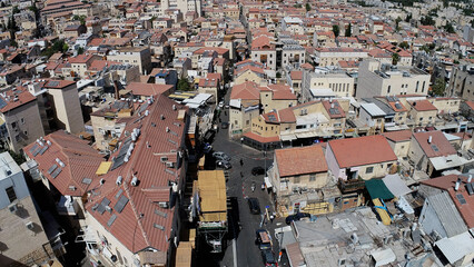 Jerusalem city center with red rooftops, aerial top down view
October, 2022 drone footage Jerusalem...
