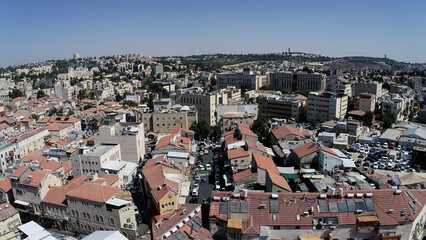 Jerusalem city with red rooftops, aerial 
October, 2022 drone footage Jerusalem israel
