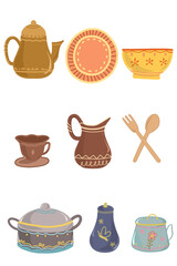 set of tea cups and teapot,illustration of Antique kitchen jars and utensils, with Retro old money style pattern drawing, flat design vector art