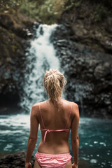 A woman in a pink bikini is standing in front of a waterfall. The water is blue and the waterfall is large