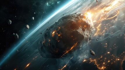 Fototapeta premium In the vast expanse of space Planet Earth dances along its orbit while a massive asteroid looms ominously nearby These potentially hazardous space rocks are a mesmerizing sight with element