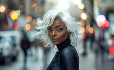 Fototapeta premium Edgy style meets fierce gaze, a Black woman strides through a city of blurred lights