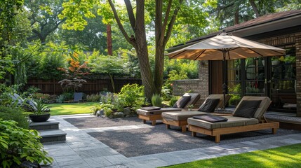 outdoor patio design, enjoy the outdoors on a sunny patio with comfy lounge chairs and a stylish umbrella perfect for relaxation