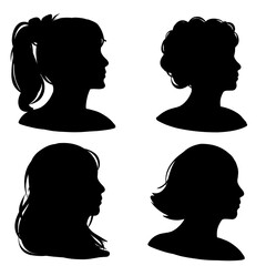 set of faces,side profile silhoutte female head with different type of hair shape, vector flat design head silhoutte 