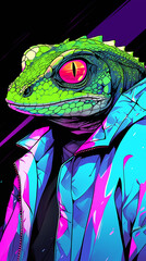 Hand drawn cartoon lizard illustration wearing clothes

