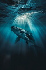 Fototapeta premium Majestic Whale Shark Swimming in Deep Blue with Sun Rays Illuminating the Peaceful Underwater Scene